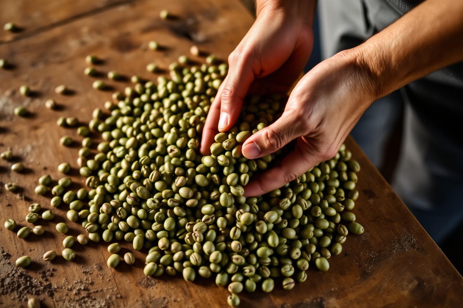 Hands sorting green coffee beans