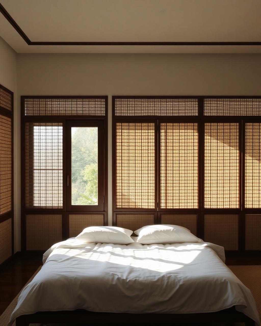 Bedroom with morning light through bamboo